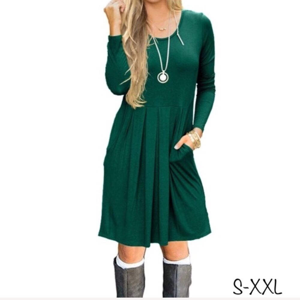 Emerald Green Soft Pleated Dress with Pockets S-XXL
